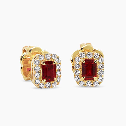 18ct yellow gold emerald cut ruby and round brilliant cut diamond halo stud earrings