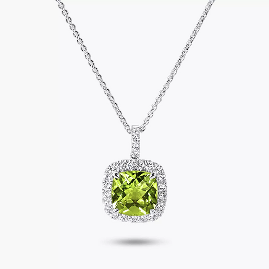 18ct white gold cushion cut peridot and diamond halo necklace