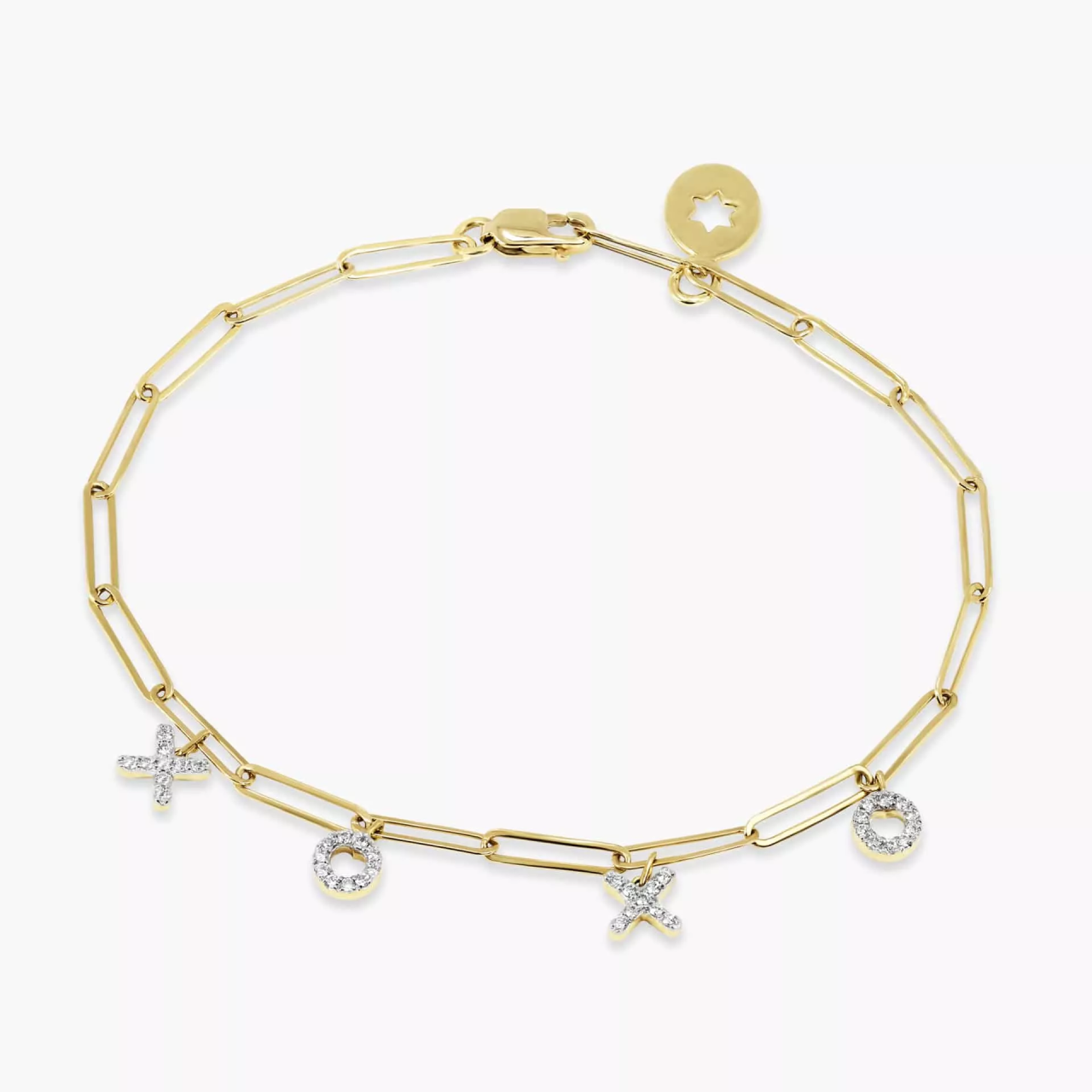 18ct yellow gold diamond paperclip ‘xo’ bracelet