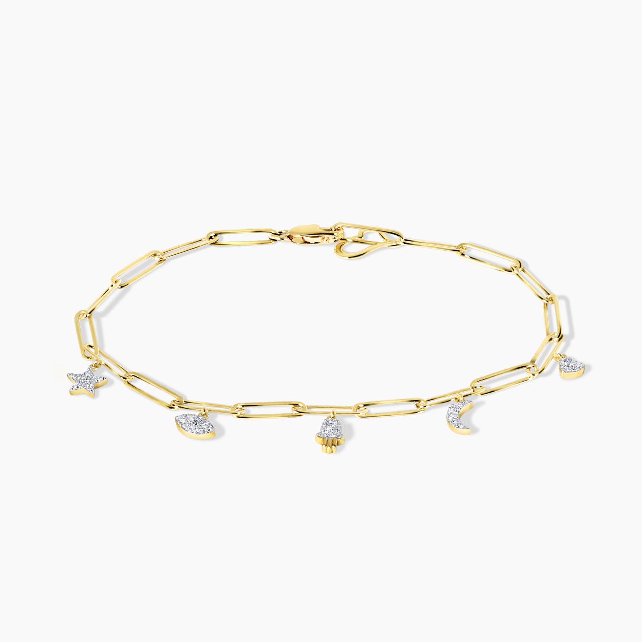 18ct yellow gold diamond star, evil eye, hand, moon and heart charm paperclip bracelet