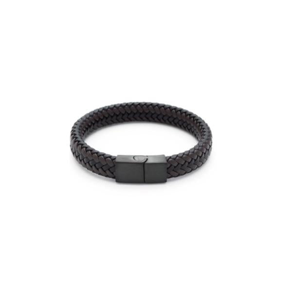 Black/Brown Leather Ion Plated Black Steel Mens Bracelet