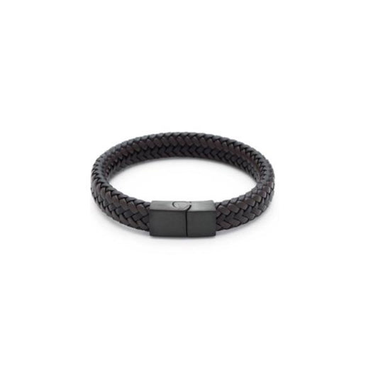 Black/Brown Leather Ion Plated Black Steel Mens Bracelet