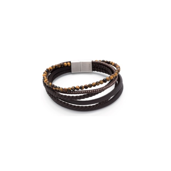 Brown Leather Multi Strand/Tiger eye Stainless Steel Bracelet