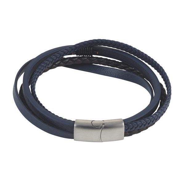 Dark Brown/Blue Multi Strand Leather Stainless Steel Mens Bracelet