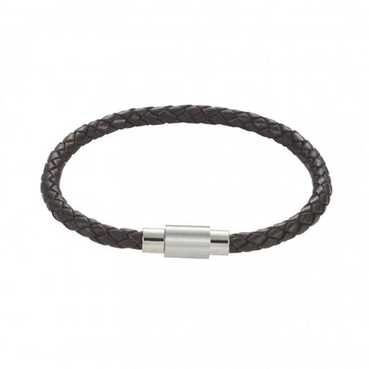 Platted brown leather and stainless steel mens bracelet 20cm