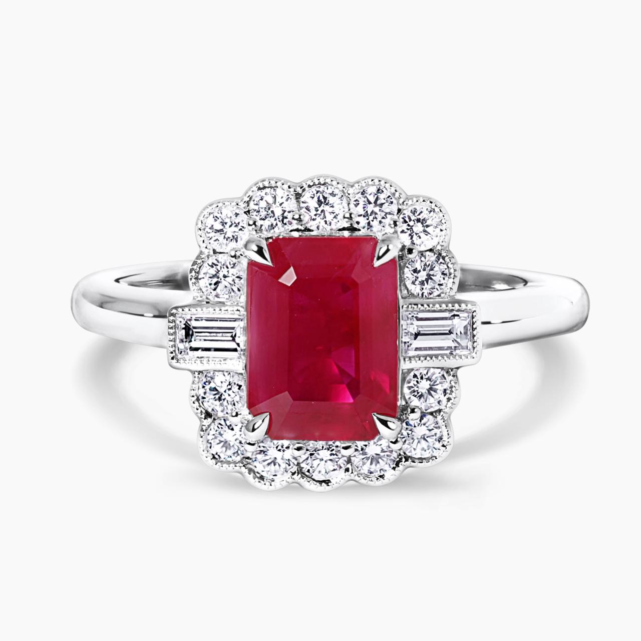 18ct white gold 1.90ct emerald cut ruby and diamond halo ring