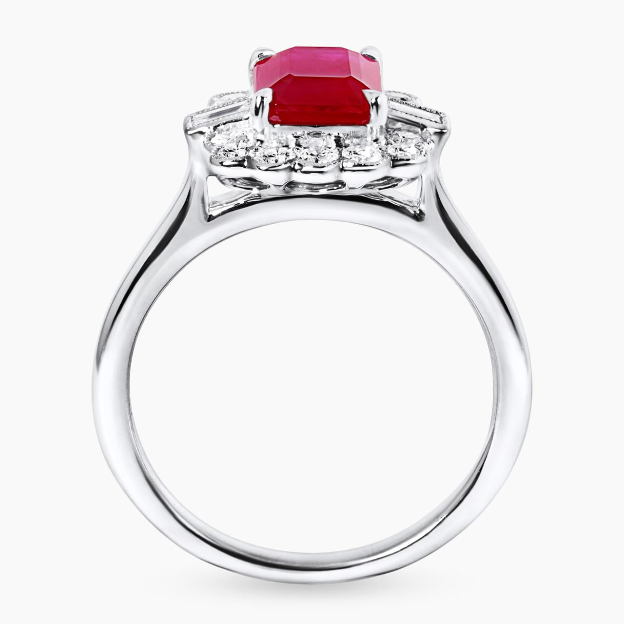 18ct white gold 1.90ct emerald cut ruby and diamond halo ring