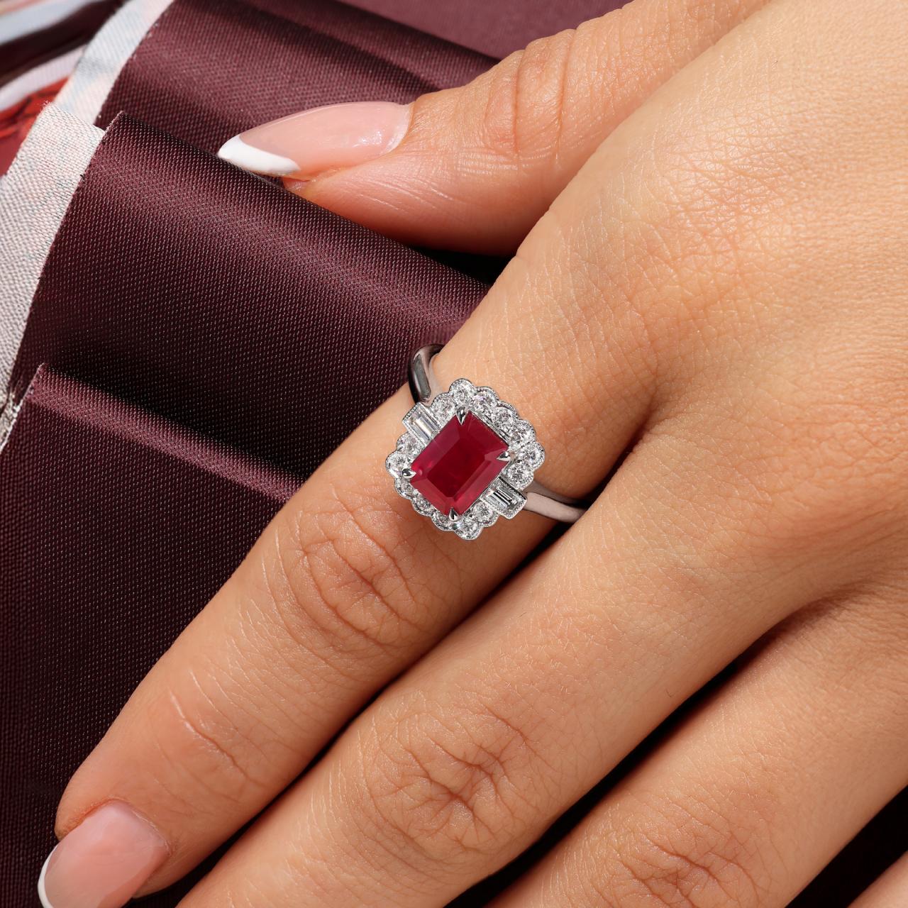 18ct white gold 1.90ct emerald cut ruby and diamond halo ring