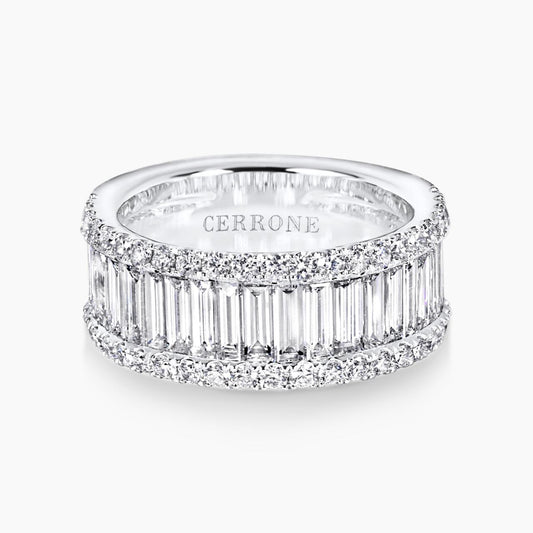 Platinum baguette and round brilliant cut diamonds ring