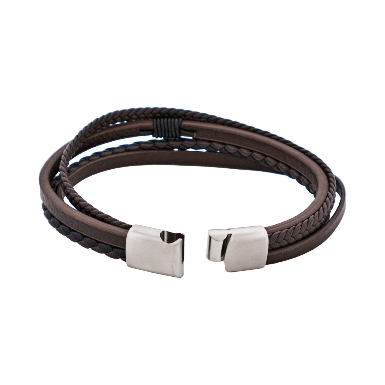 Dark Brown Multi Strand Leather/Stainless Steel Men's Bracelet 21cm