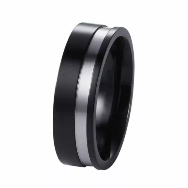 Polished ion plated black and brushed stainless steel men’s ring