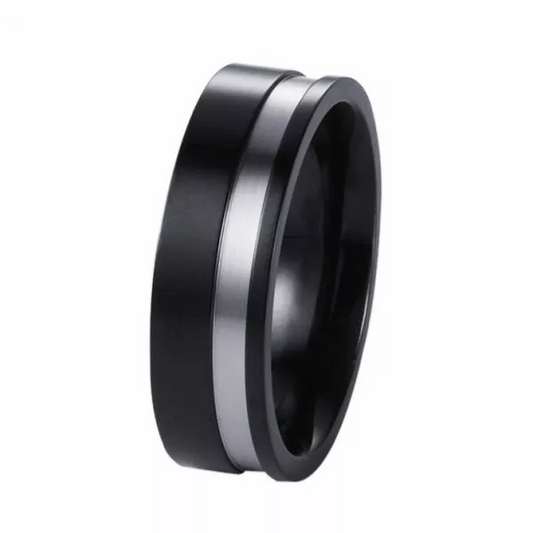 Polished ion plated black and brushed stainless steel men’s ring