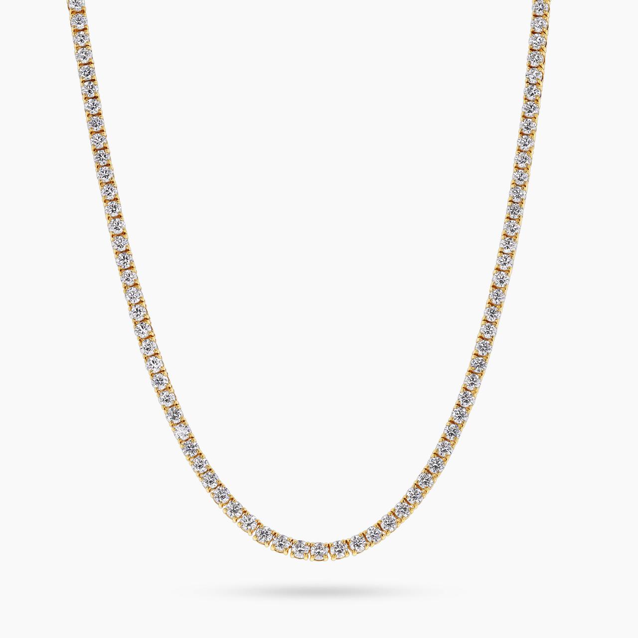 18ct yellow gold 127=13.05ct round brilliant cut diamond tennis necklace in a four claw setting
