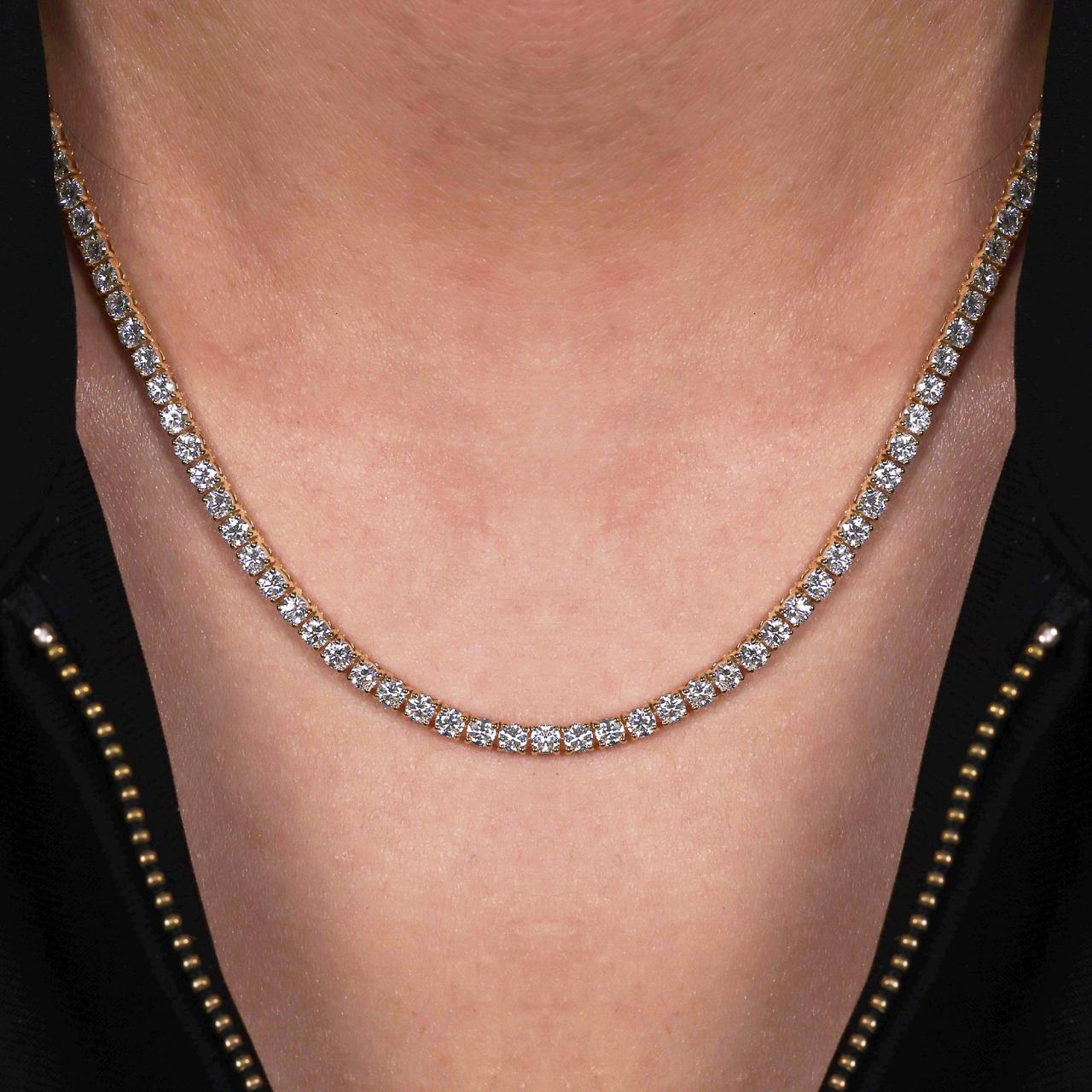 18ct yellow gold 127=13.05ct round brilliant cut diamond tennis necklace in a four claw setting