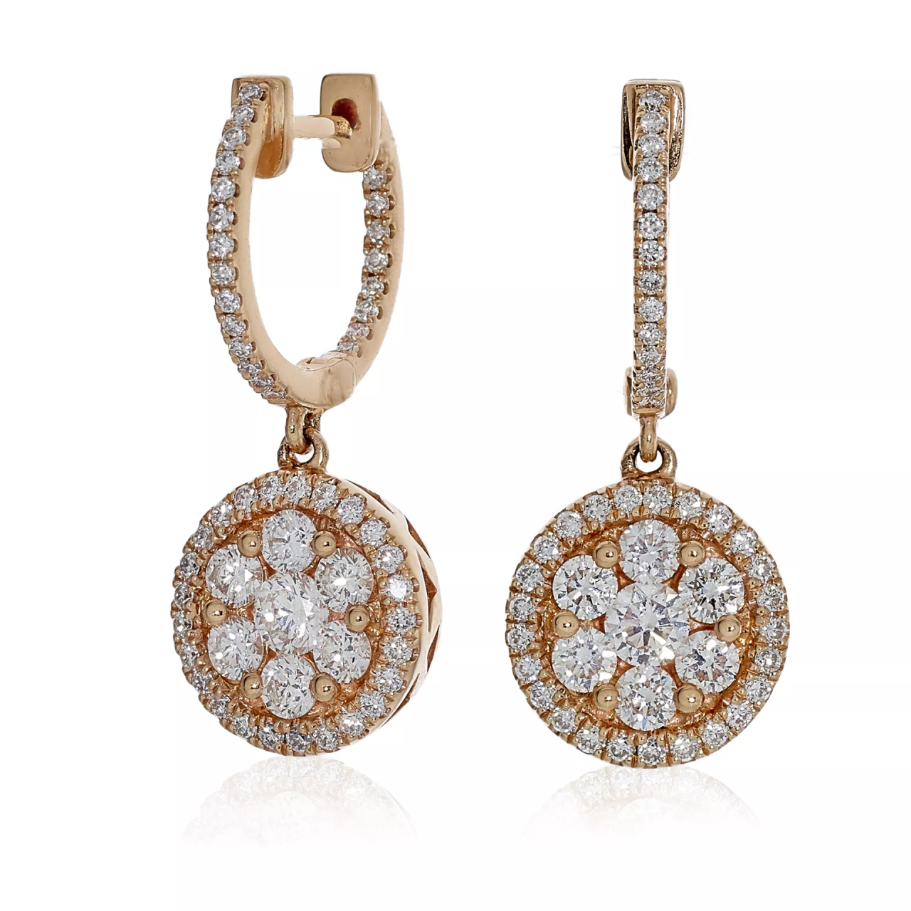18ct rose gold diamond cluster set drop earrings