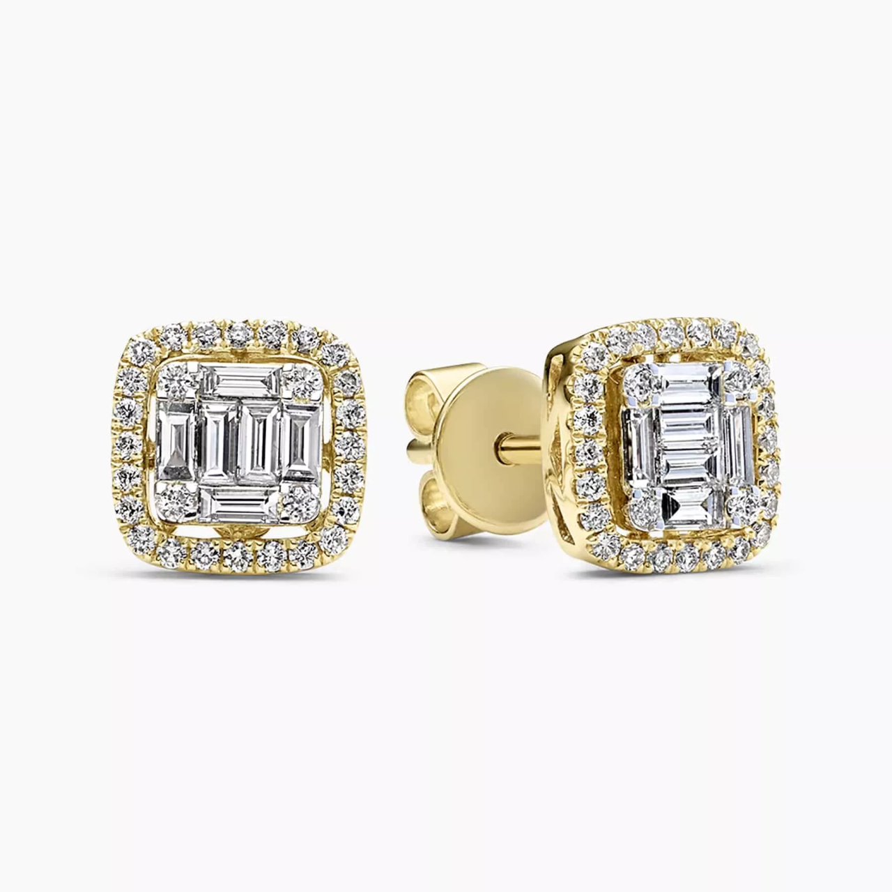18ct yellow gold baguette & round diamond cluster stud earrings