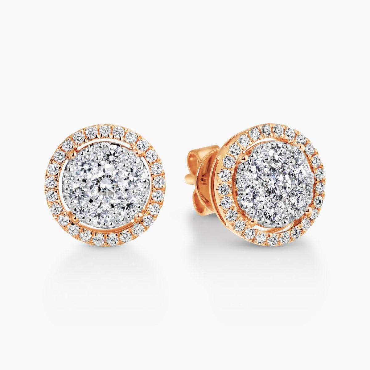 18ct rose gold diamond cluster stud earrings with diamond set halo