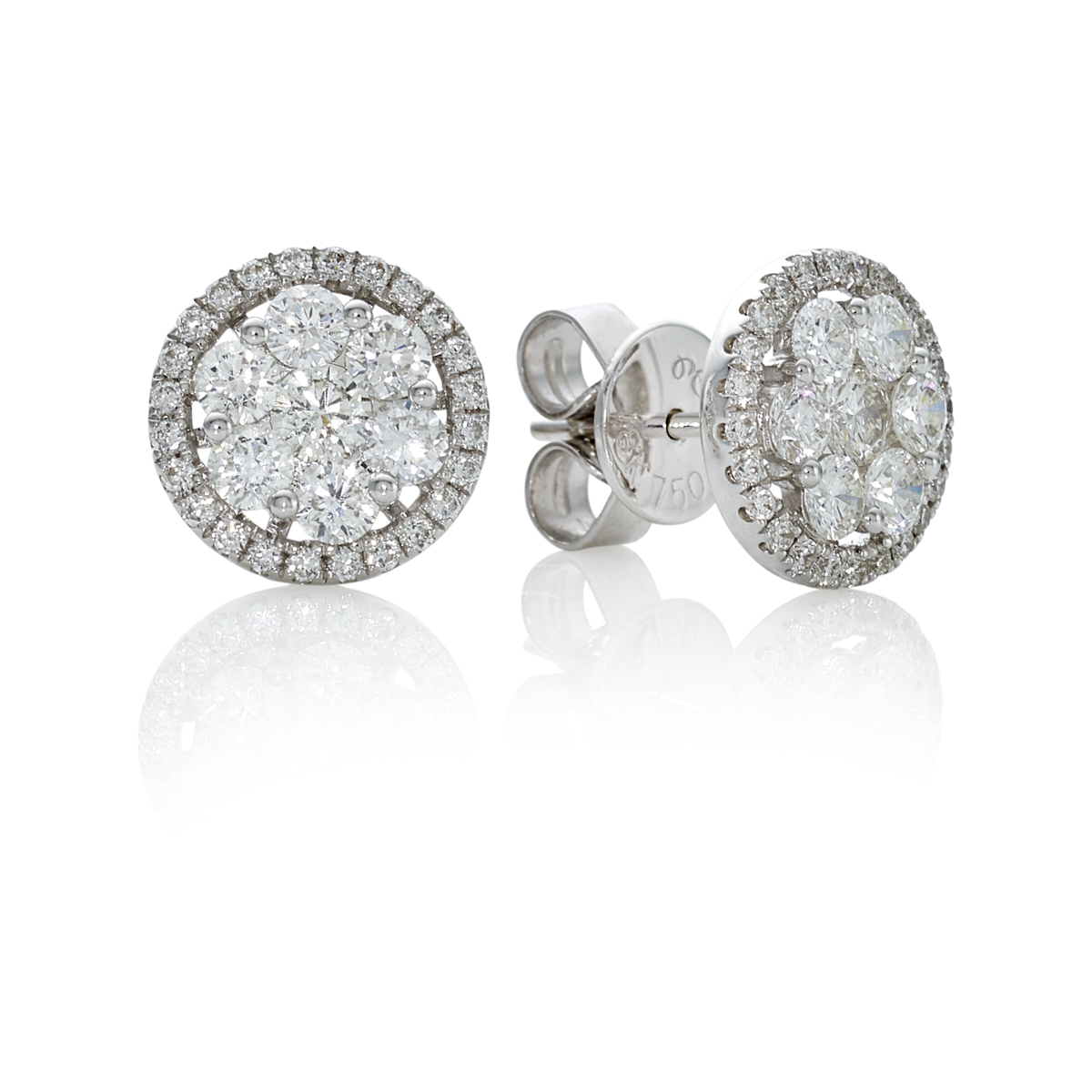18ct white gold diamond cluster stud earrings with diamond set halo