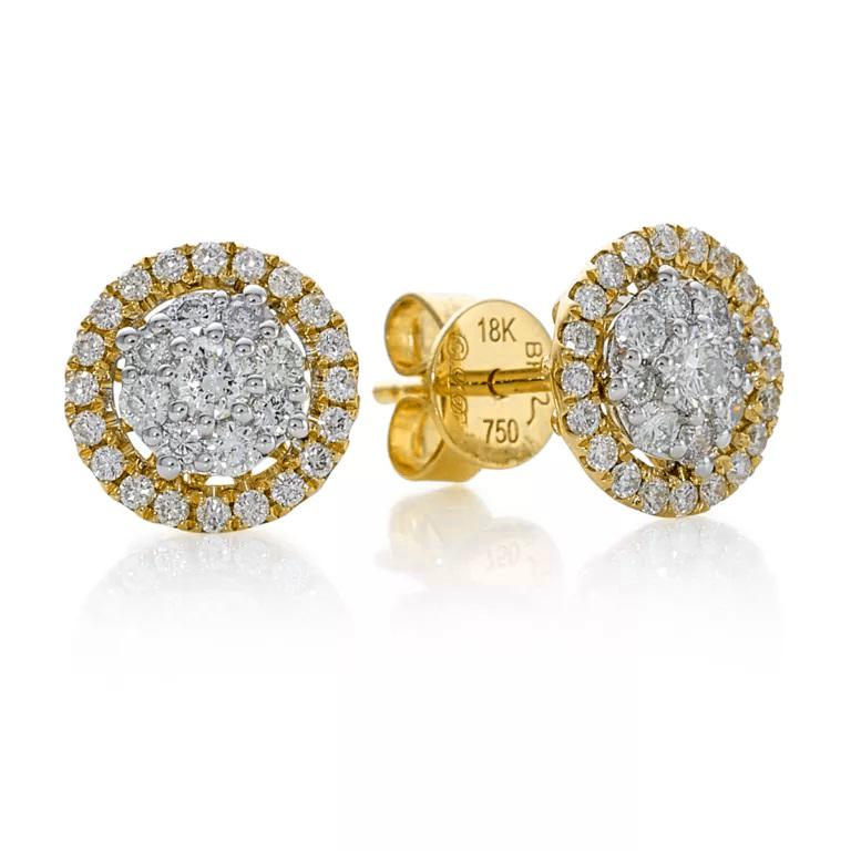 18ct yellow gold diamond cluster stud earrings with diamond set halo