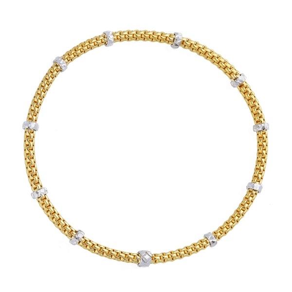 18ct yellow gold stretchy woven bracelet with 18ct white gold rondels