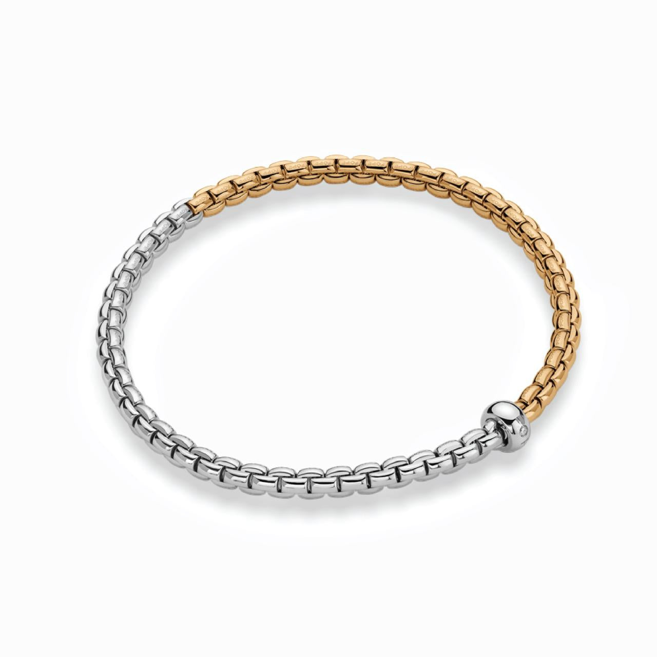 18ct white and yellow gold FOPE Flex'it bracelet with bicolour mesh and 18cct white gold drop set diamond rondel