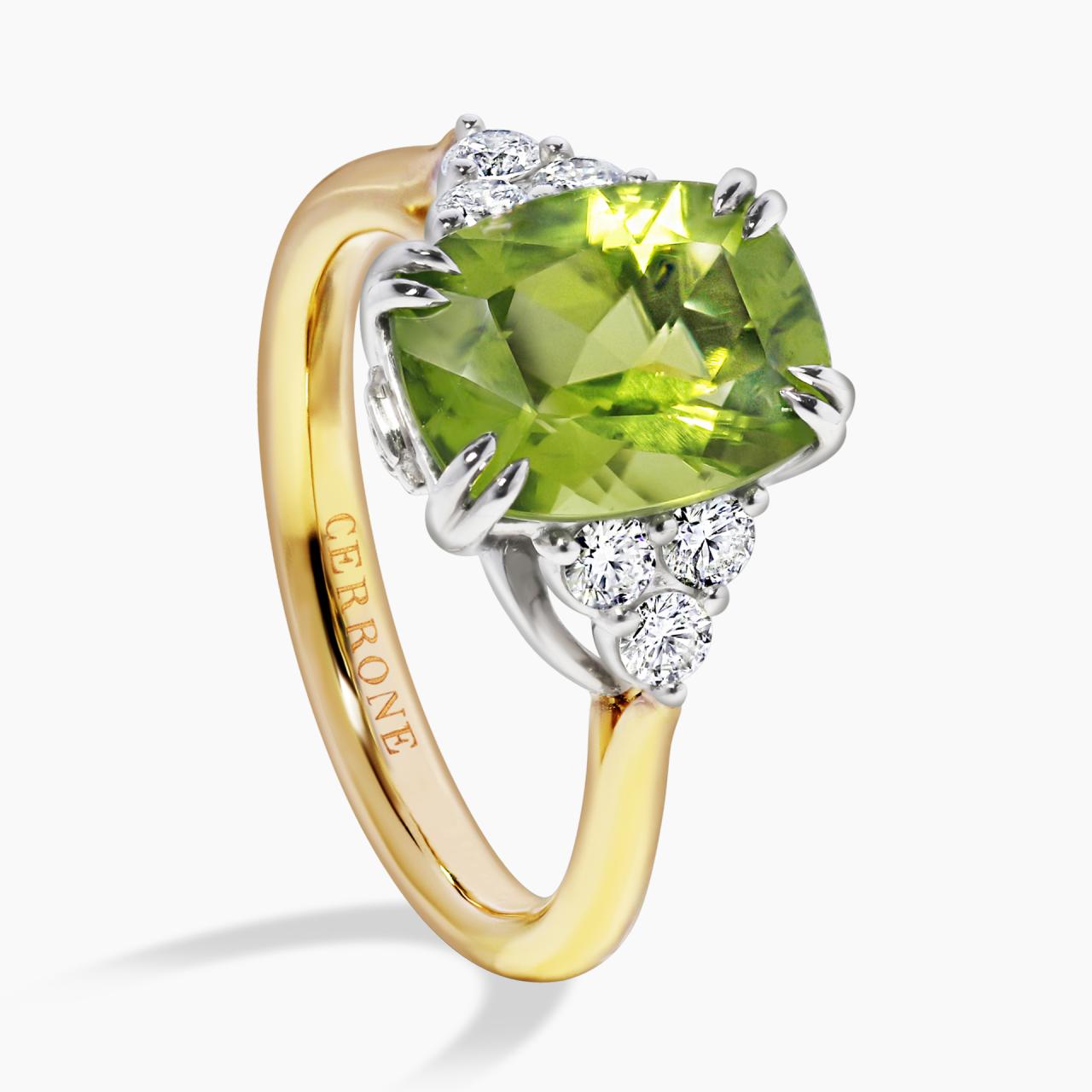 18ct yellow gold 3.03ct cushion cut peridot and diamond ring