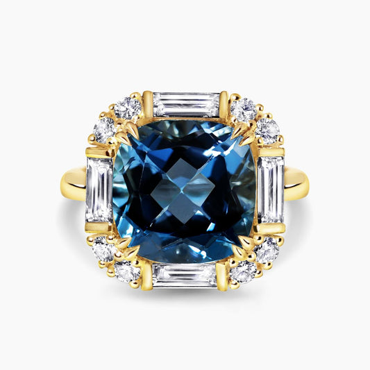 18ct yellow gold London blue topaz round & baguette cut diamonds ring from the Hampton Collection