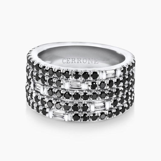18ct white gold baguette and round brilliant cut black diamond ring