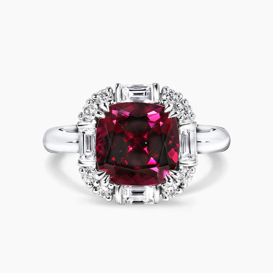 18ct white gold 4.00ct cushion cut Tanzanian rhodolite garnet & diamond ring from the Hampton Collection
