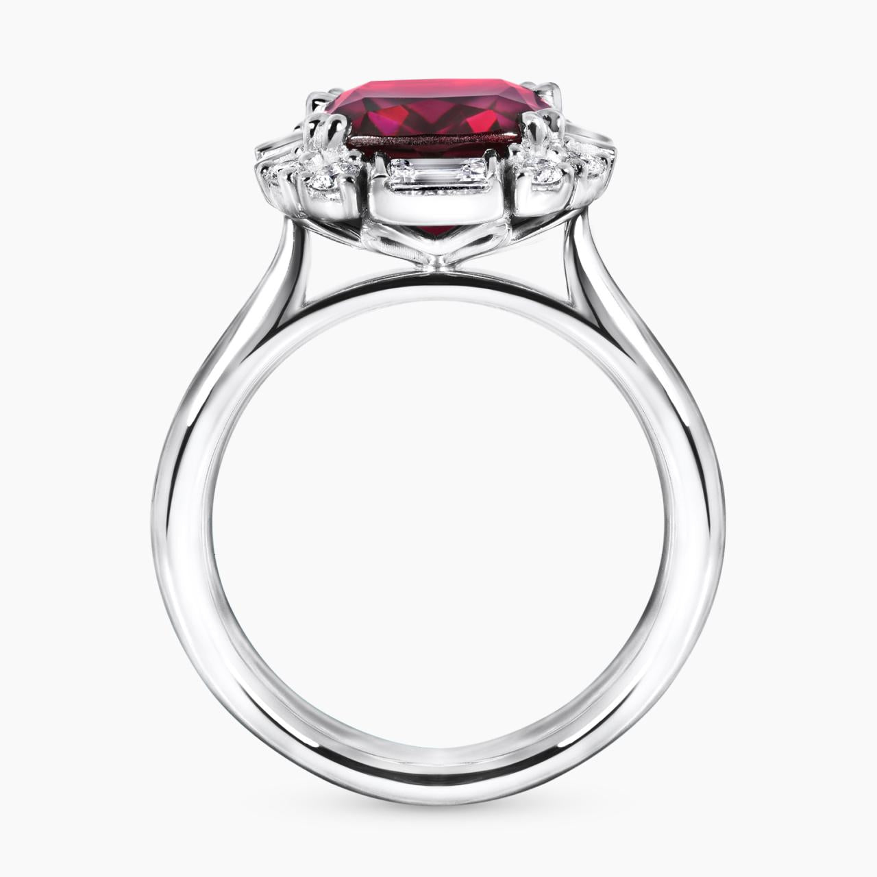18ct white gold 4.00ct cushion cut Tanzanian rhodolite garnet & diamond ring from the Hampton Collection