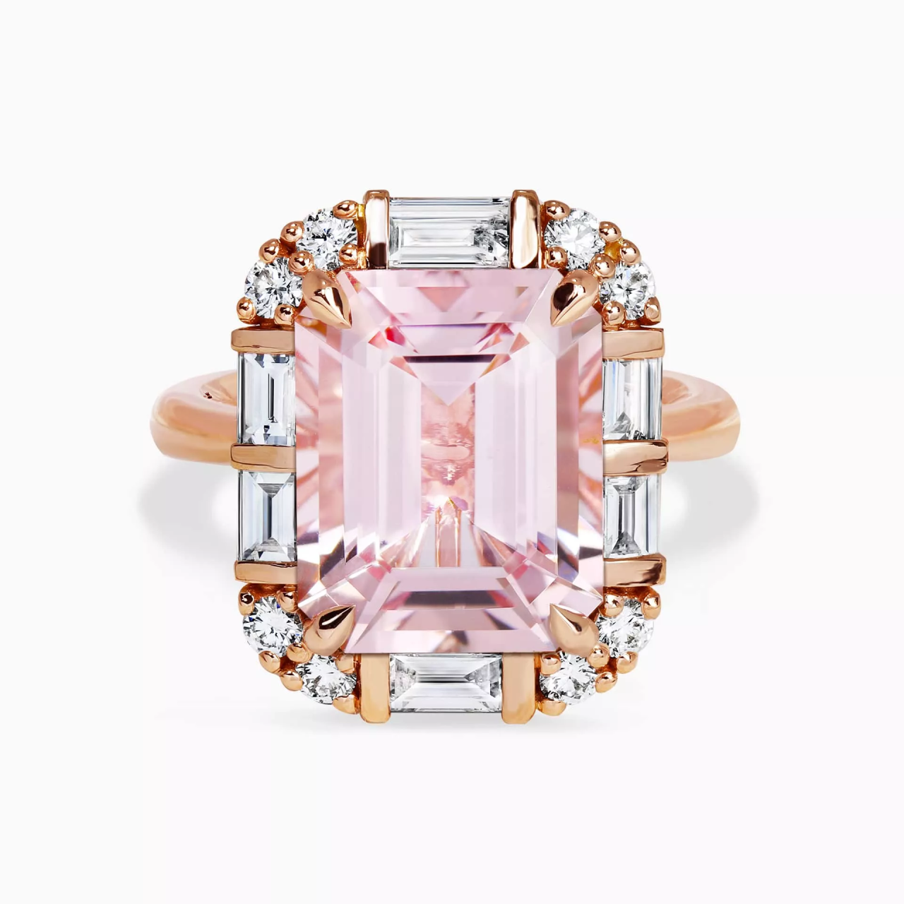 18ct rose gold 7.05ct emerald cut morganite and diamond ring from the Hampton Collection