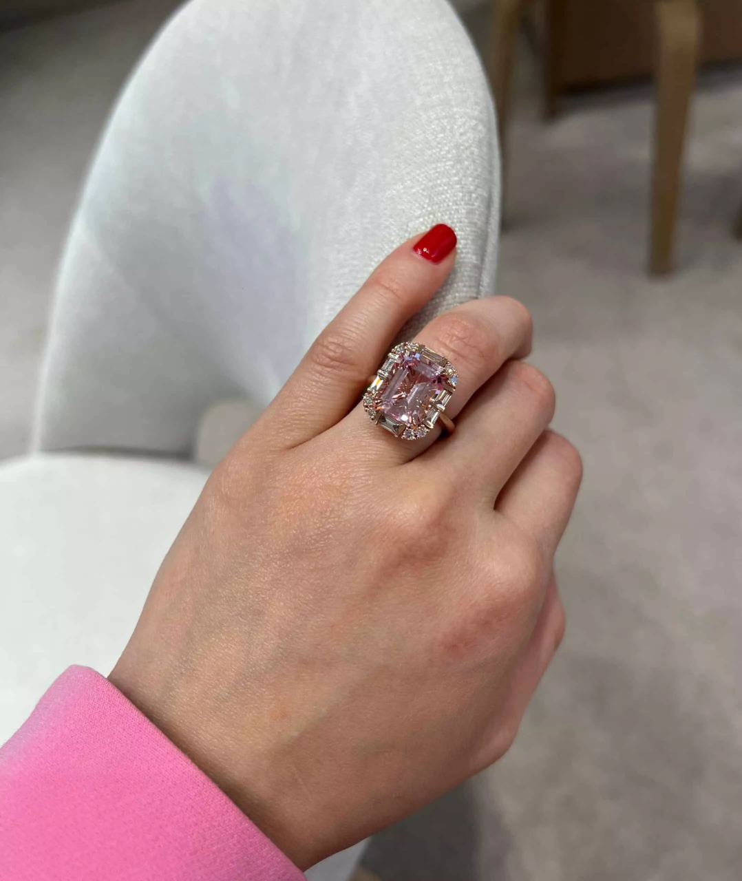 18ct rose gold 7.05ct emerald cut morganite and diamond ring from the Hampton Collection