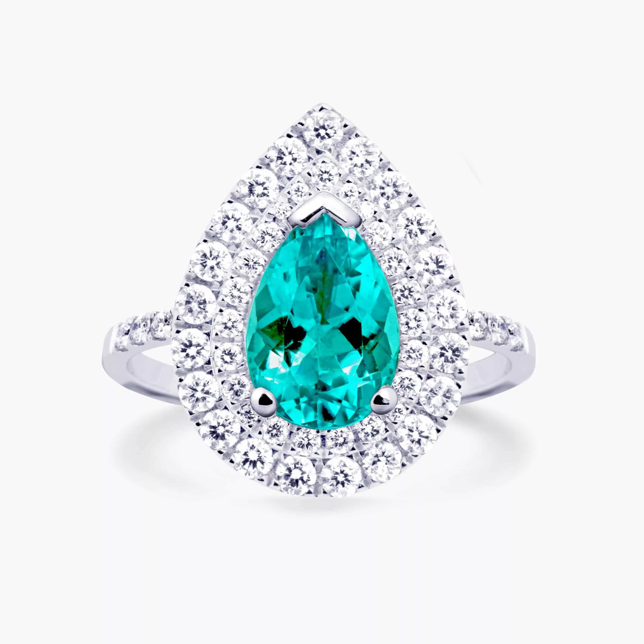 18ct white gold 1.90ct Pear shaped Paraiba tourmaline and round brilliant cut diamond double halo ring