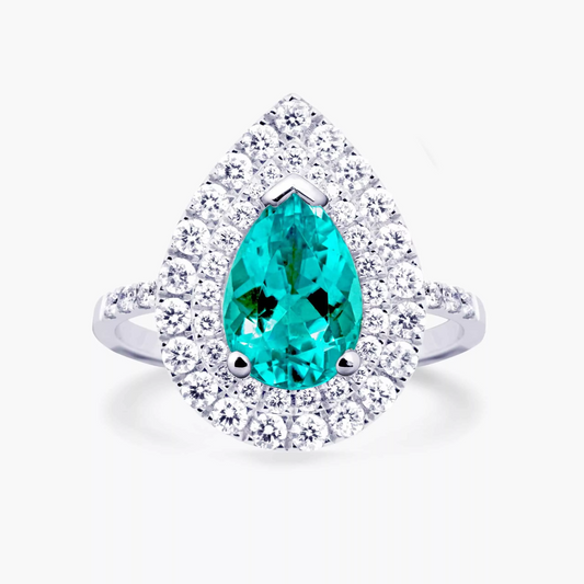18ct white gold 1.90ct Pear shaped Paraiba tourmaline and round brilliant cut diamond double halo ring