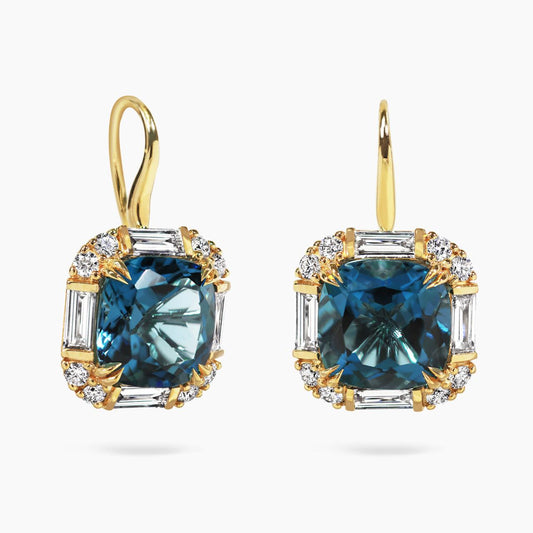 18ct yellow gold cushion cut London blue topaz & diamond drop earrings from the Hampton Collection