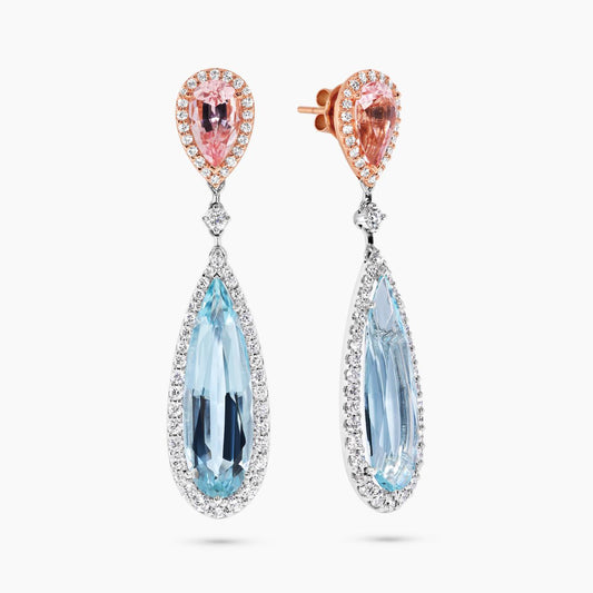 PRIMAVERA EARRINGS - 18ct white and rose gold aquamarine, morganite diamond halo drop earrings