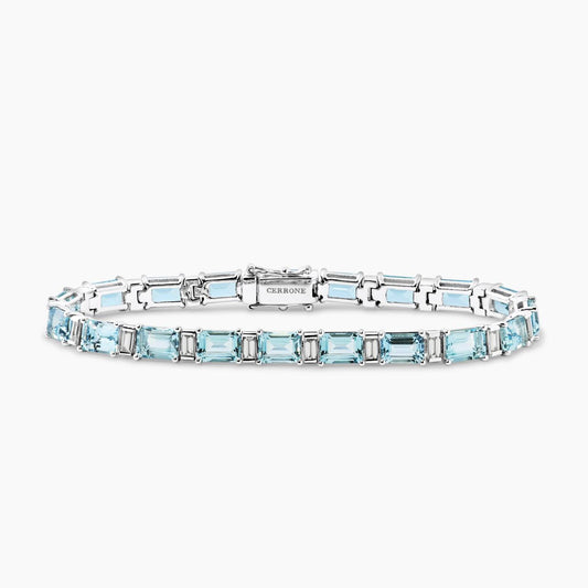 18ct white gold emerald cut aquamarines and baguette diamonds bracelet