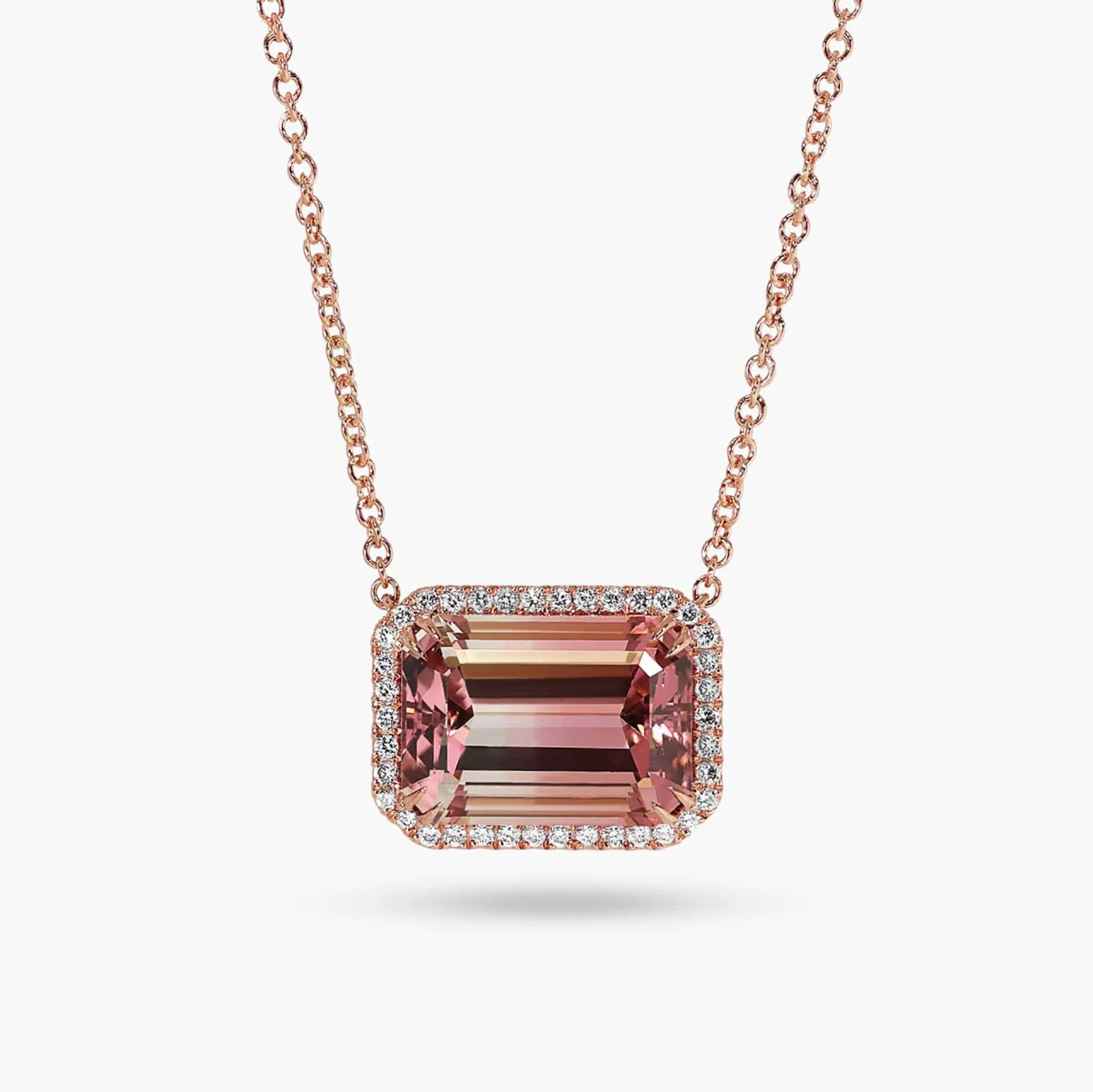 18ct rose gold emerald cut bi coloured tourmaline & diamond necklace
