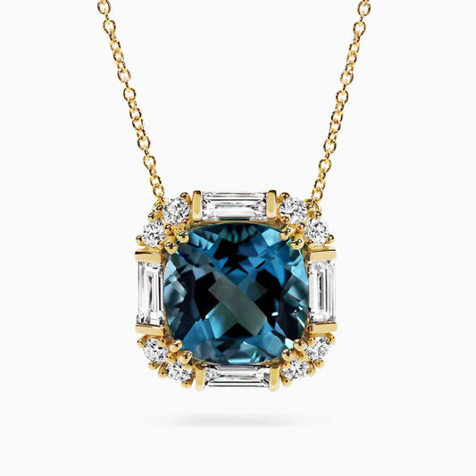 18ct yellow gold cushion cut london blue topaz and diamond necklace from the Hampton Collection