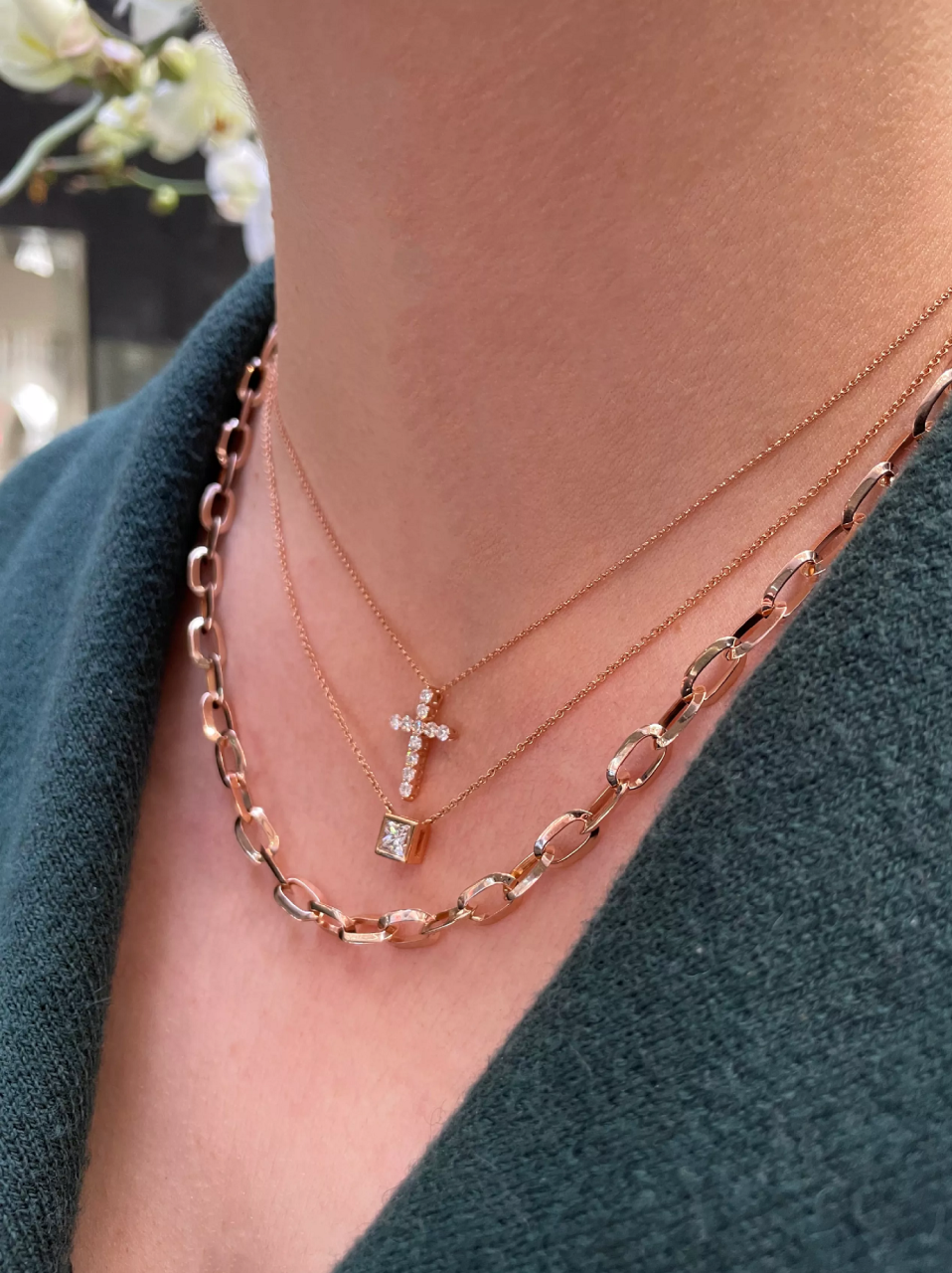 18ct rose gold 0.57ct princess cut diamond necklace