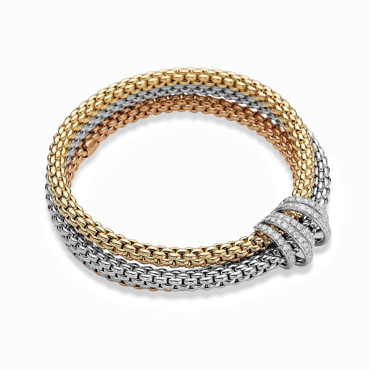 18ct white, rose and yellow gold mesh with a white gold 1.20ct round brilliant cut diamond pave set swirl flexible Fope bracelet