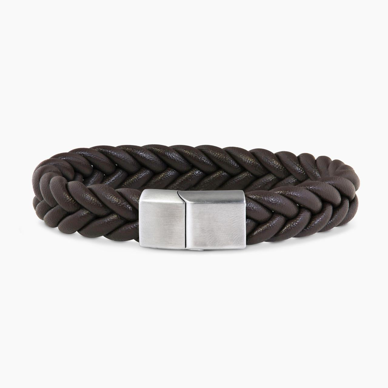 Braided Brown Italian Leather and Brushed Stainless Steel Clasp Mens Bracelet