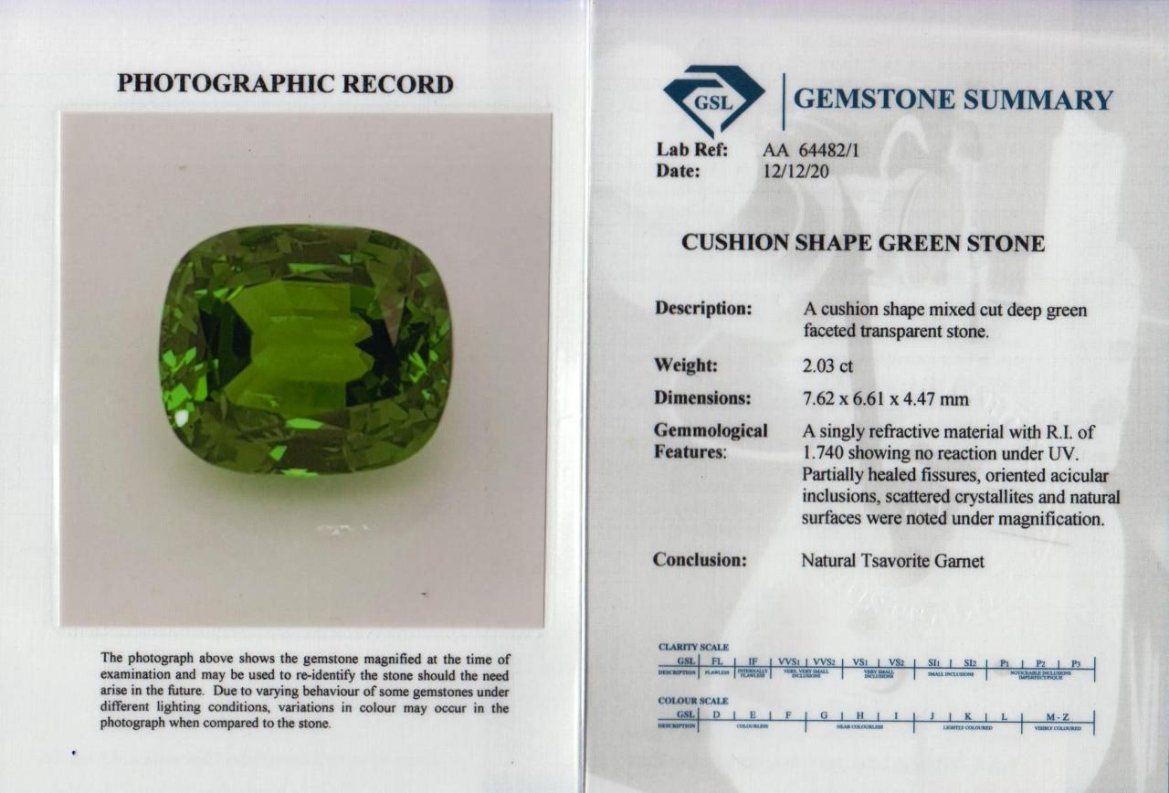 18ct white gold cushion cut tsavorite garnet and diamond ring from the Hampton Collection