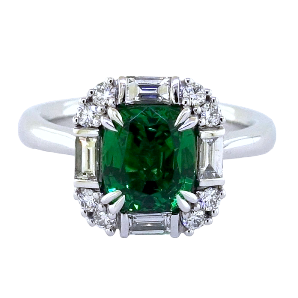 18ct white gold cushion cut tsavorite garnet and diamond ring from the Hampton Collection