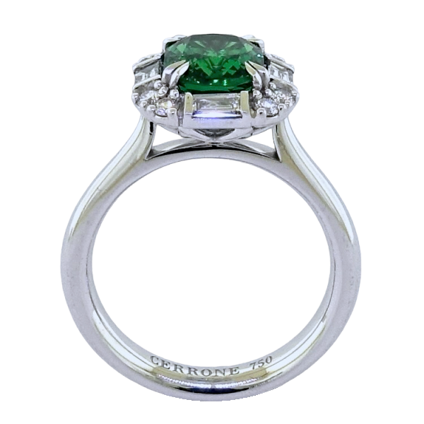 18ct white gold cushion cut tsavorite garnet and diamond ring from the Hampton Collection