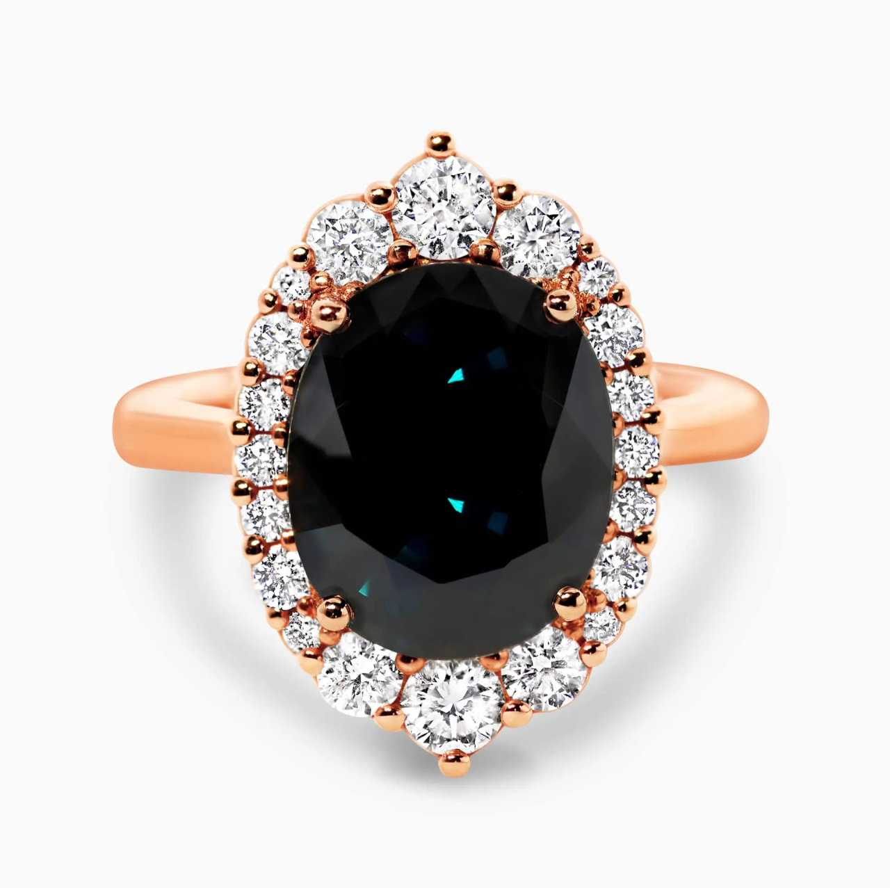 18ct rose gold oval Australian sapphire and round brilliant cut diamond ring