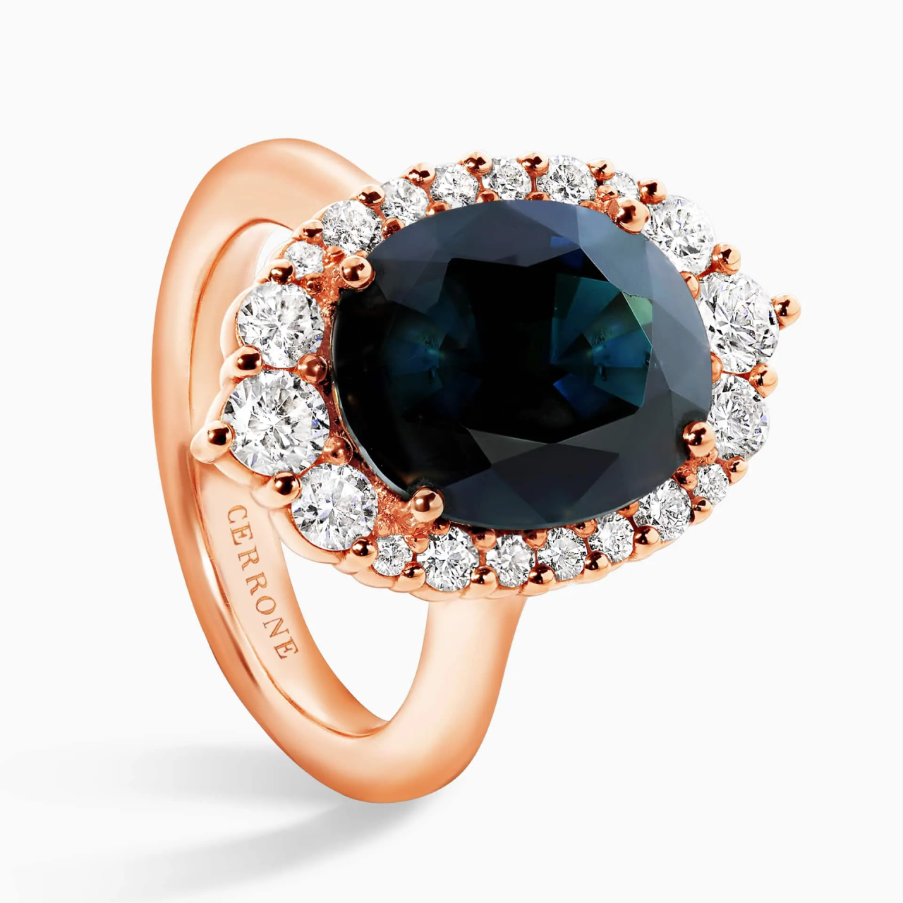 18ct rose gold oval Australian sapphire and round brilliant cut diamond ring