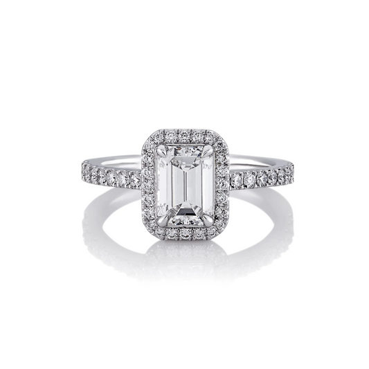 VERNAZZA UPSWEPT - 18ct white gold emerald and round brilliant cut diamond halo ring