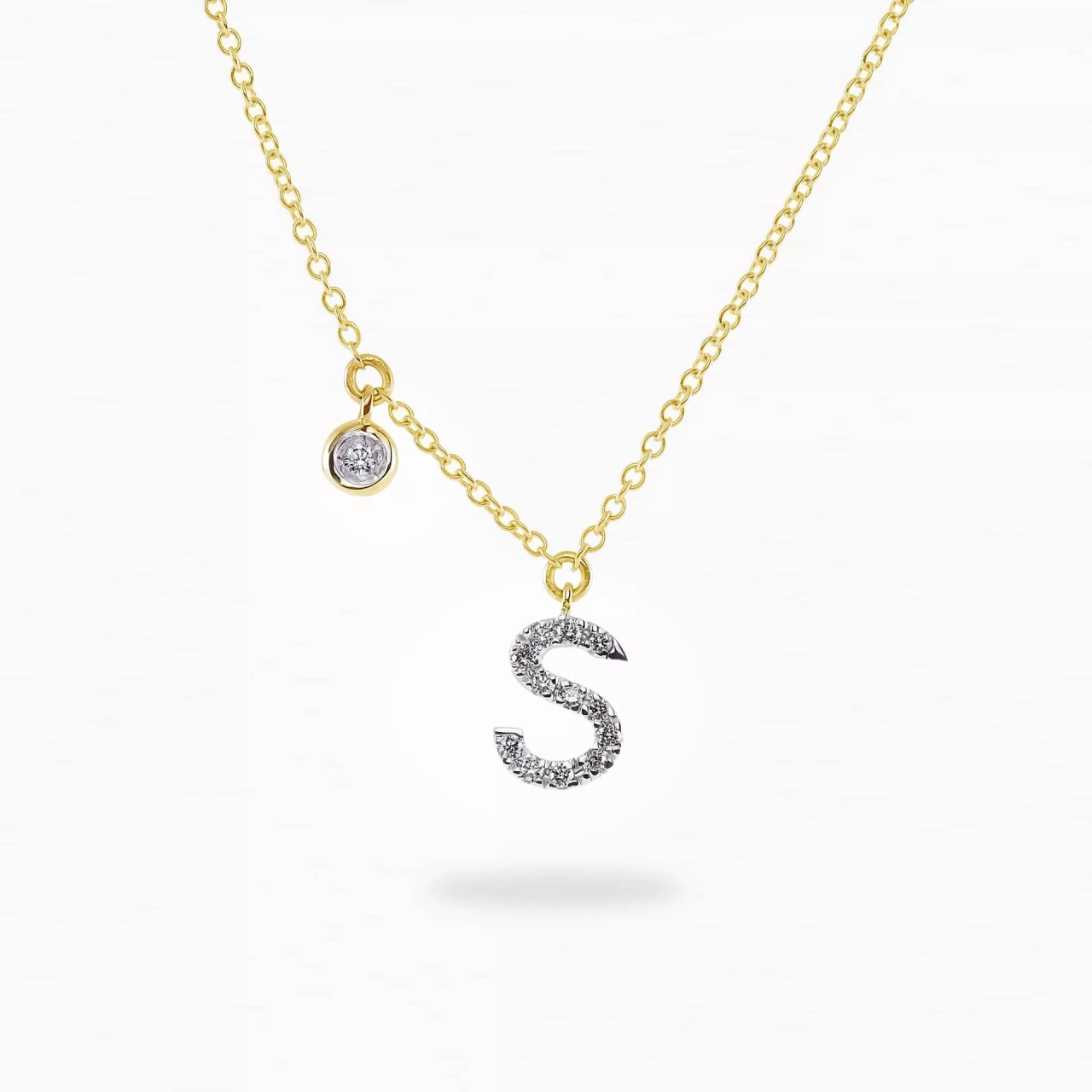 18ct yellow gold diamond initial “S” necklace with bezel