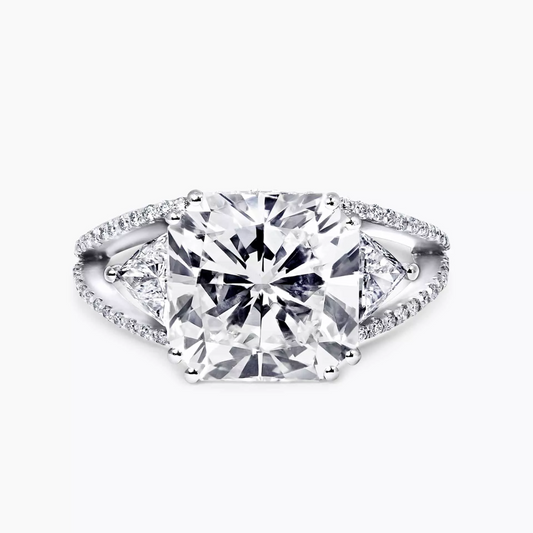 ELENORA - 18ct white gold radiant and trilliant trilogy with round brilliant cut shaped halo ring